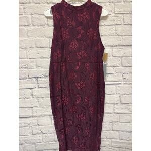MISSGUIDED Cranberry Burgundy Lace Midi Sheath Sleeveless Dress SZ 10 NEW w/tags